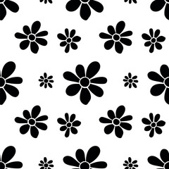 Vector floral black daisies seamless pattern in flat style. Cute background, texture for wrapping paper, fabric, holidays or kids design. Topic of blooming nature, summer