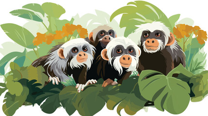 A group of emperor tamarin monkeys with distinctive