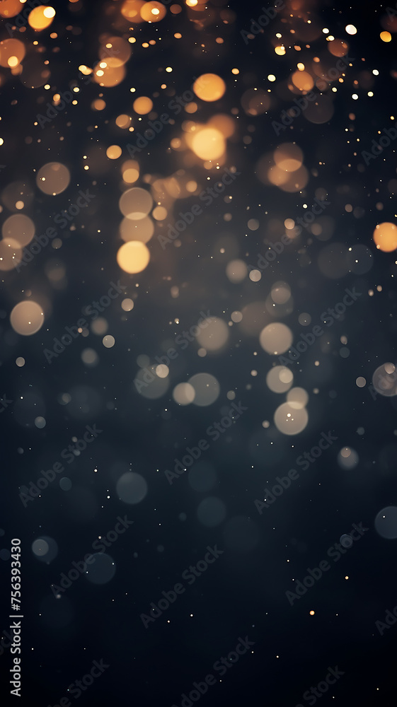 Sticker vertical background festive light golden glow bokeh on black background, abstract background with copy space