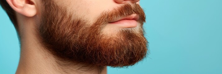 Close up of groomed mustache and beard demonstrating modern grooming, with ample text space
