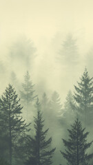 vertical background foggy landscape of autumn forest, panoramic view of taiga, tall trees in the northern fog of autumn