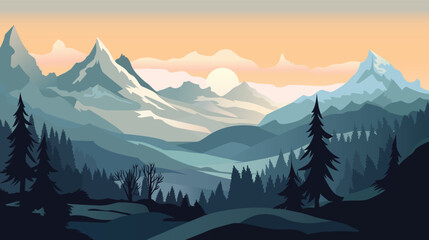 Winter landscape with snowy forest, vector illustration