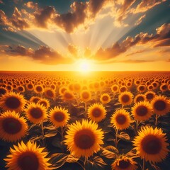 A common yet captivating background of a sunflower field in full bloom during a sunny day, bright colors
