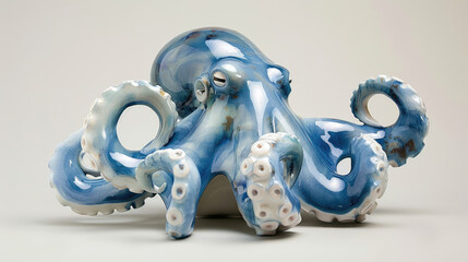 Porcelain figurine of an octopus, in blue and pearlescent tones - obrazy, fototapety, plakaty