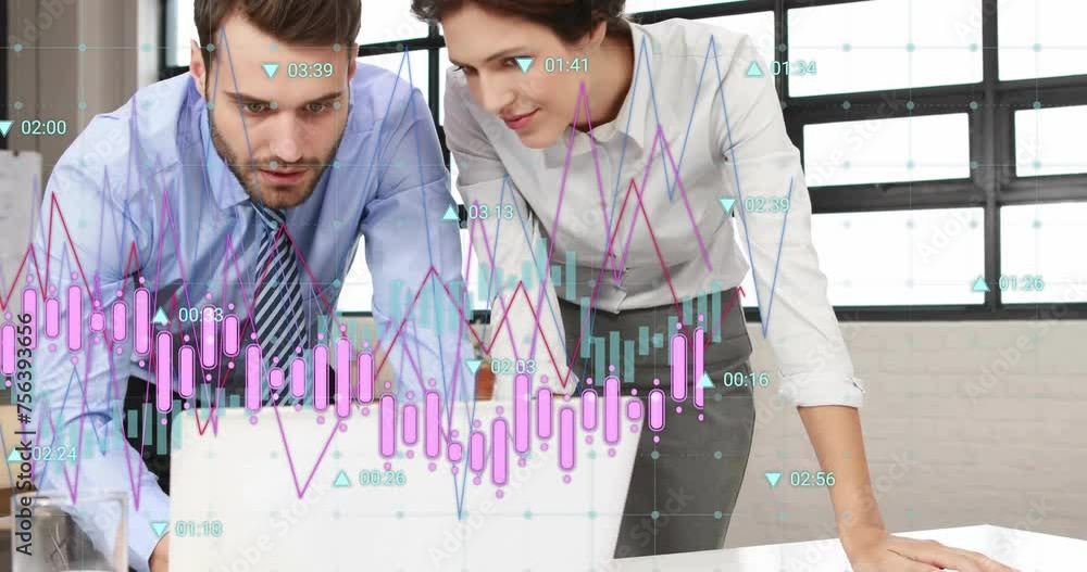 Aufkleber animation of diagrams and data processing over caucasian colleagues discussing work in office