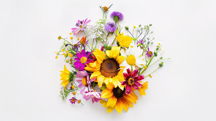 a vibrant bouquet of summer flowers isolated on a solid white background