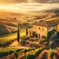 A common yet charming background of a sunlit vineyard in Tuscany, with rolling hills, grapevines, and an old stone villa
