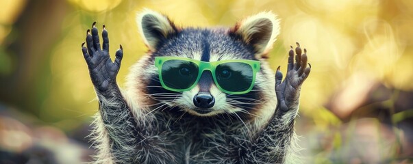A comical picture features a raccoon sporting green sunglasses and making a rock gesture, injecting...