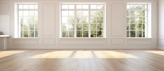 Empty white kitchen with wooden parquet floor and windows
