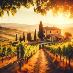 A common yet charming background of a sunlit vineyard in Tuscany, with rolling hills, grapevines, and an old stone villa