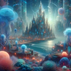 A rare background featuring a surreal underwater cityscape, with bioluminescent coral structures and exotic sea creatures, digital art - obrazy, fototapety, plakaty