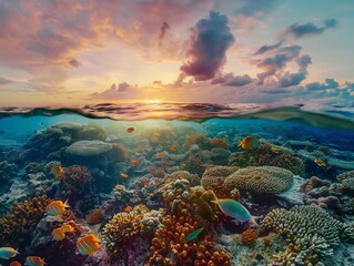 Fototapeta na wymiar Split view of a vibrant coral reef teeming with tropical fish beneath a dramatic sunset sky.