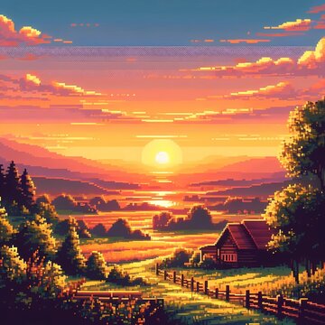 A nostalgic pixel art version of the most searched wallpaper, with a warm color palette depicting a scenic countryside sunset, pixel art, nostalgic