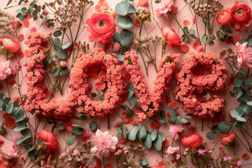 Floral LOVE Lettering on Pink Background