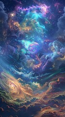 A captivating science fiction vista that showcases the cosmos's breathtaking beauty, marked by vivid colors and patterns echoing the essence of ocean waves, nebulae, and celestial entities.