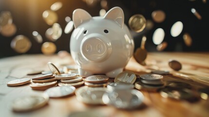 A symbolic representation of saving money, featuring coins flowing into a white piggy bank, exemplifies the idea of wealth accumulation. - obrazy, fototapety, plakaty