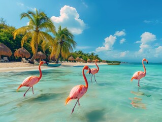 Flamingos exploring clear waters on a sunlit beach with palm trees and huts.
