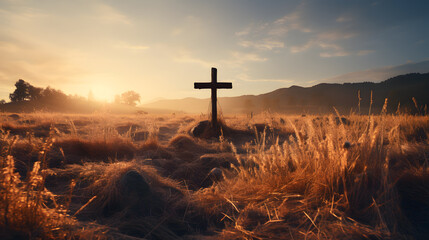 A wooden Christian cross seen from a field  - obrazy, fototapety, plakaty