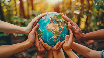 several hands of different nationalities and ages come together and hold a globe in your hands carry a symbol of support.