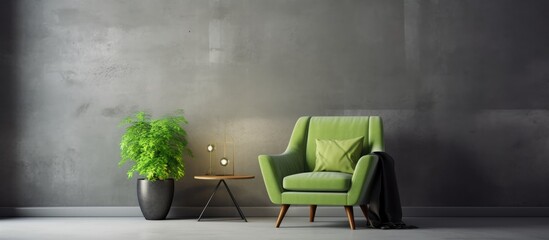 The living room features a green chair, a potted plant, and wooden flooring, creating a cozy and natural ambiance
