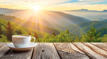 Serene green tea cup amid lush mountain plantation backdrop with ample room for text placement