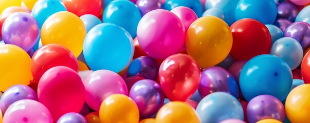 A panorama filled with vibrant balloons offering a burst of color against a neutral backdrop, leaving space for text.