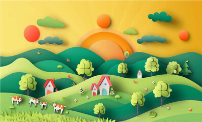 Charming Paper Art Countryside with Grazing Cows and Farmhouses