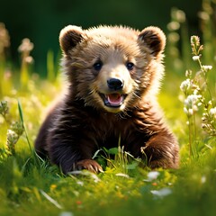 Brown bear cub. A playful baby bear cub rolling around in the grass. Generative AI.