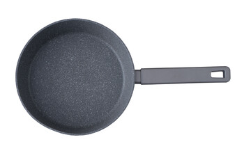 New granite frying pan isolated on white background, top view. Empty fry pan with handle