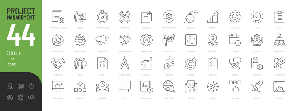 Project Management Line Editable Icons set. Vector illustration in modern thin line style of business related icons: planning, development, strategy, and more. Pictograms and infographics.