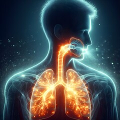 Human silhouette having lung breathing discomfort, lung and airway glowing red, medical healthcare concept
 - obrazy, fototapety, plakaty