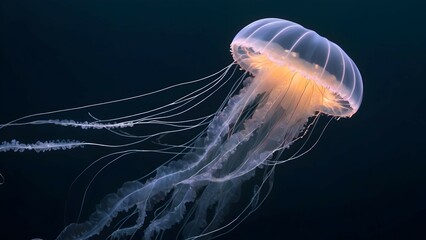 A jellyfish with tendrils that appear to be made of delicate strands of glowing thread. - obrazy, fototapety, plakaty