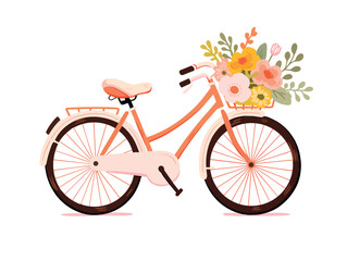 Flat vector illustration of a bicycle with a flower basket