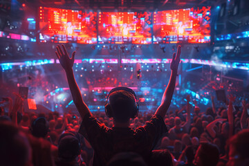 A fan celebrates a win in an esport event in a stadium with a large audience. Spectacular staging with big screens and neon lights. Concept: The future of entertainment
