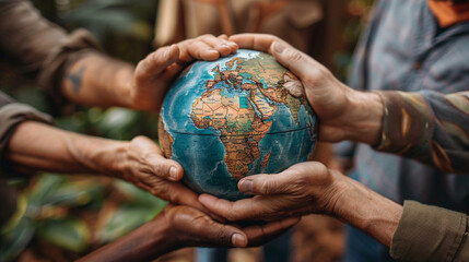 several hands of different nationalities and ages come together and hold a globe in your hands carry a symbol of support.