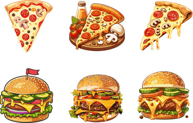 Delicious Pizza Slices and Gourmet Burgers for Food Enthusiasts