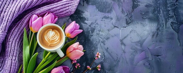 A tranquil spring morning tableau showcases a latte cup, a sweater in shades of lilac, and a lively tulip bouquet. - obrazy, fototapety, plakaty