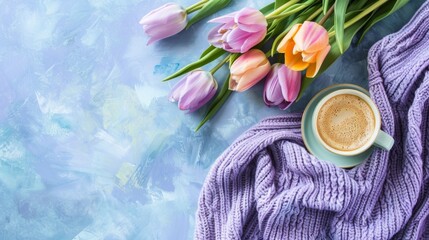 Obraz na płótnie Canvas A tranquil spring morning tableau showcases a latte cup, a sweater in shades of lilac, and a lively tulip bouquet.