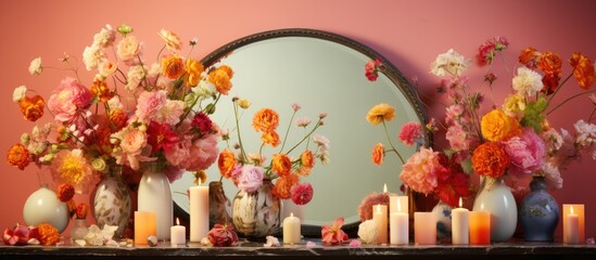 Arrangement of candles, flowers in a vase, and a mirror on a table against a colored wall