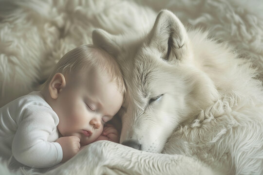 A baby sleeps peacefully hugged to a white wolf. Concept: Love for nature from childhood to prevent climate change.