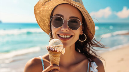 Young smiling woman enjoying ice cream on the beach - obrazy, fototapety, plakaty
