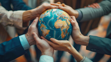 several hands of different nationalities and ages come together and hold a globe in your hands carry a symbol of support.