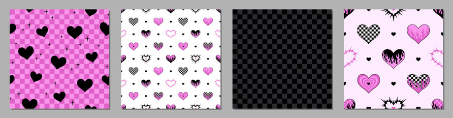 Vector set. Y2k seamless patterns. Heart background. Black and pink. Fabric, textile print.