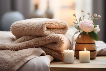 Badezimmer Foto Rückwand Spa Aroma spa relaxing beauty concept with white clean towels and cosmetic bottle decoration background.