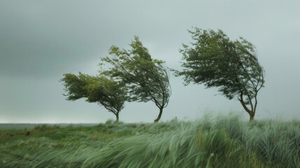 Strong wind and hurricane, trees bend under the force of the wind.