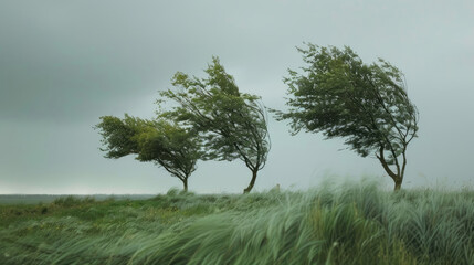 Strong wind and hurricane, trees bend under the force of the wind. - 756396617