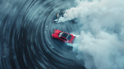 Aerial thrill as two sports cars drift in synchrony, shrouded in tire smoke. - obrazy, fototapety, plakaty