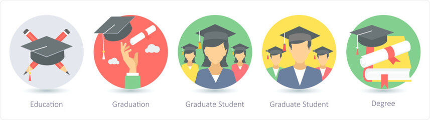 A set of 5 Education icons as education, graduation, graduate student