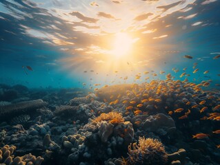Sunlight streaming through water over a vibrant coral reef teeming with tropical fish.