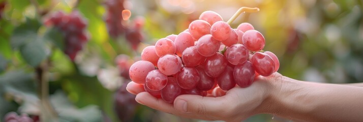 Hand holding fresh grapes with selection on blurred background, copy space available